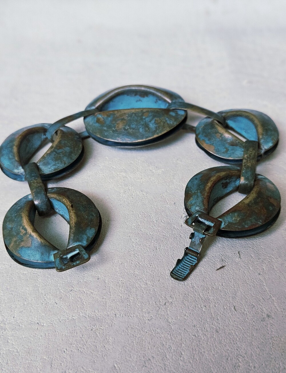 VTG Y2K MID-century Modern Artisan Brass Verdigris Patina Link Bracelet 8"L